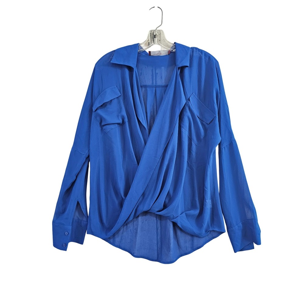 Akira Chicago Blouse Womens S‎ Blue Solid Draped Surplice High Low Long Sleeve